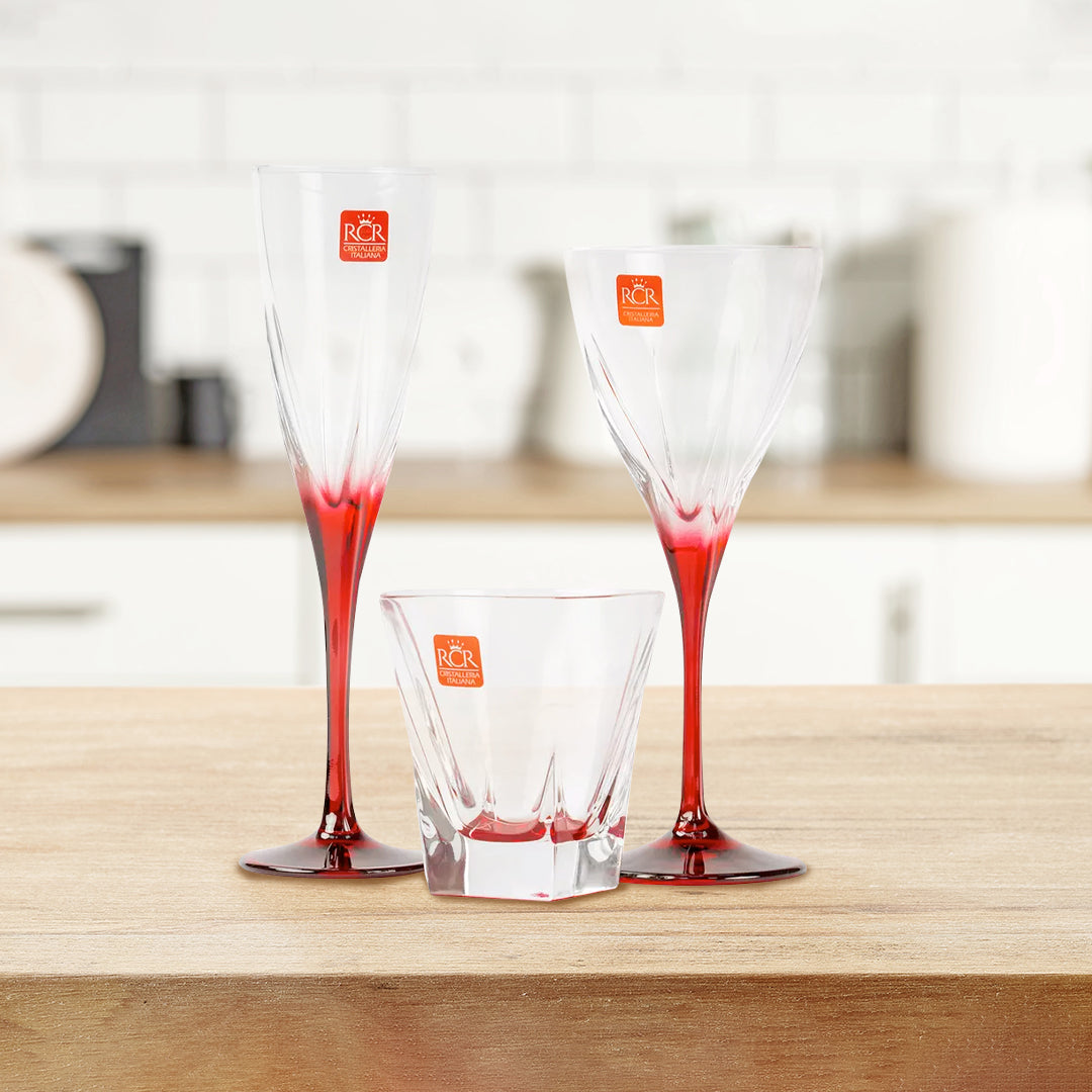 PARTY SET - Set 18 pezzi Party Edition linea Fusion RCR, 6 calici, 6 flutes e 6 bicchieri - Made in Italy