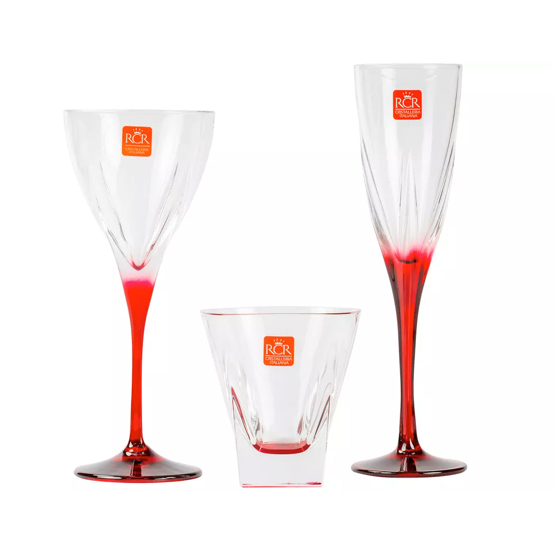 PARTY SET - Set 18 pezzi Party Edition linea Fusion RCR, 6 calici, 6 flutes e 6 bicchieri - Made in Italy
